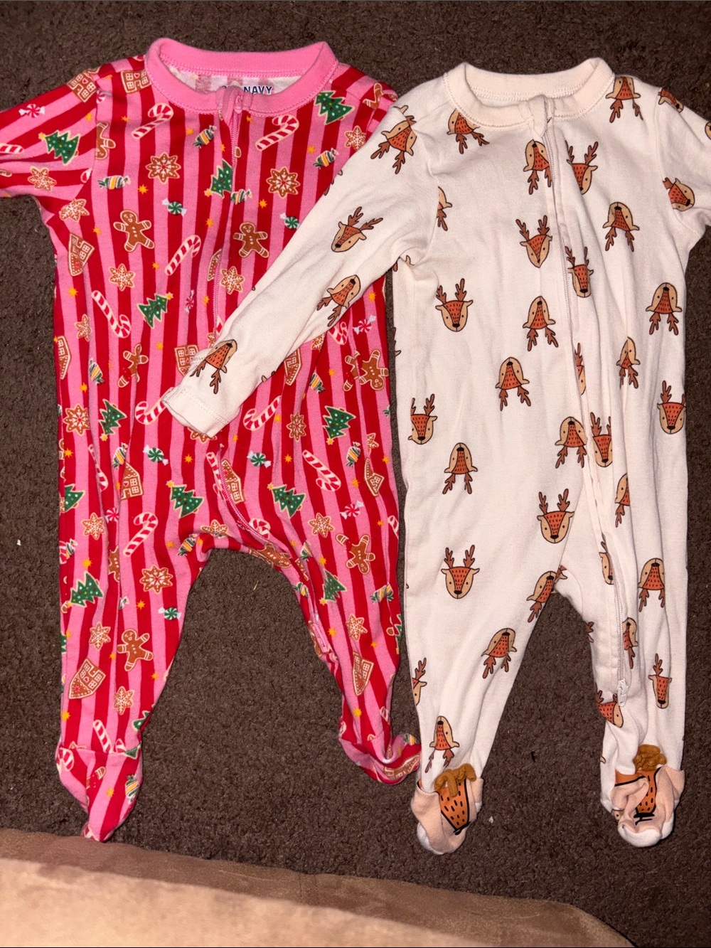 Old Navy Holiday Sleepers (one red&pink w gingerbread men,one reindeer)